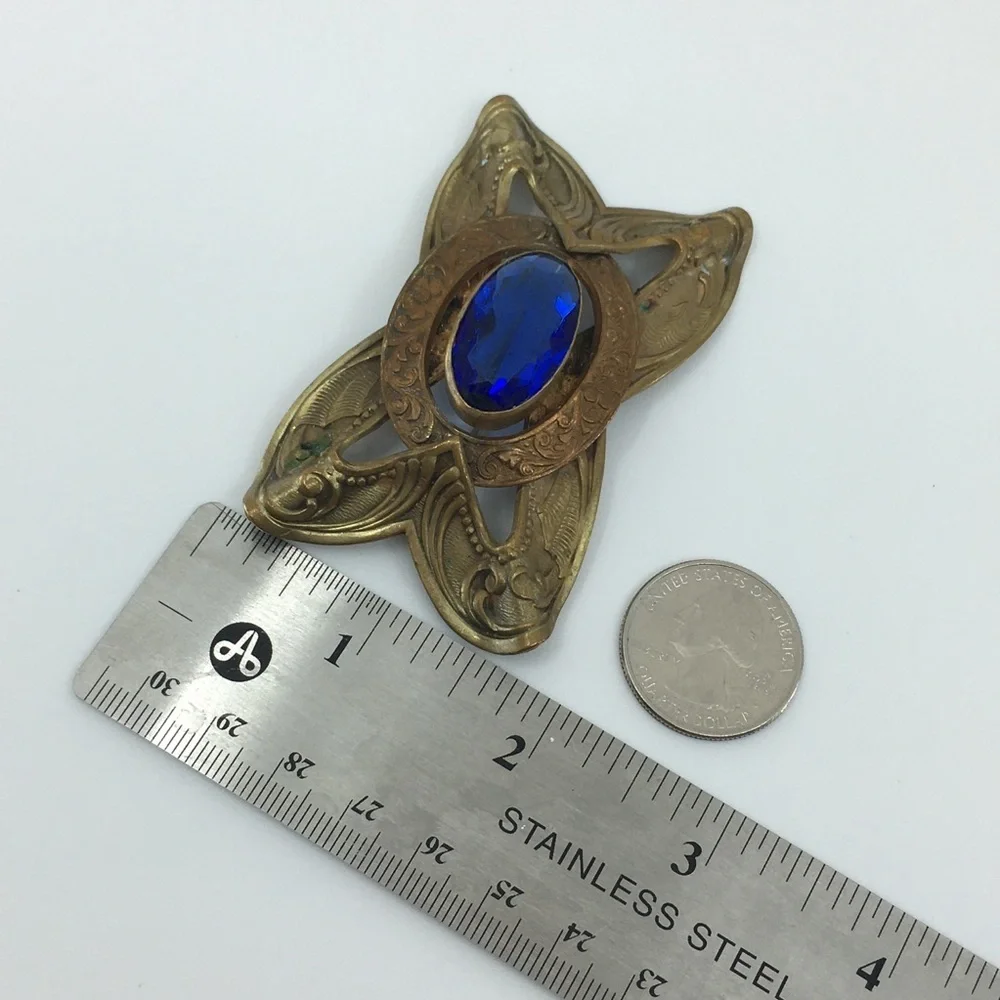 Antique Victorian Brass Bronze Blue Glass Brooch Pin Old Estate Costume Jewelry